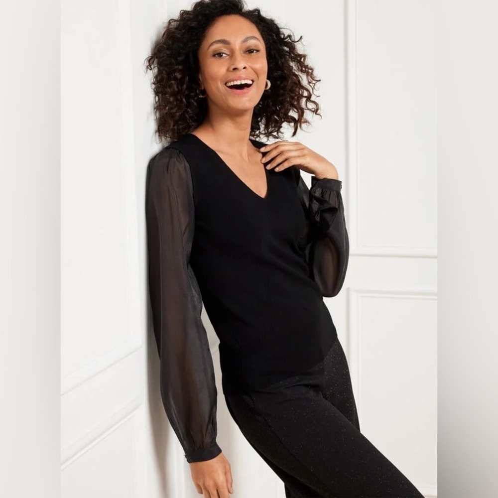 Talbots | Black Metallic Woven Sleeve V-Neck Pullover Size Large‎ Event Evening